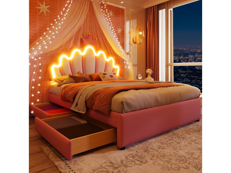  Lit enfant 140x200 cm avec led, tiroirs, sommier et tête réglable, lit princesse, pu rose, sans matelas  - Conforama W
