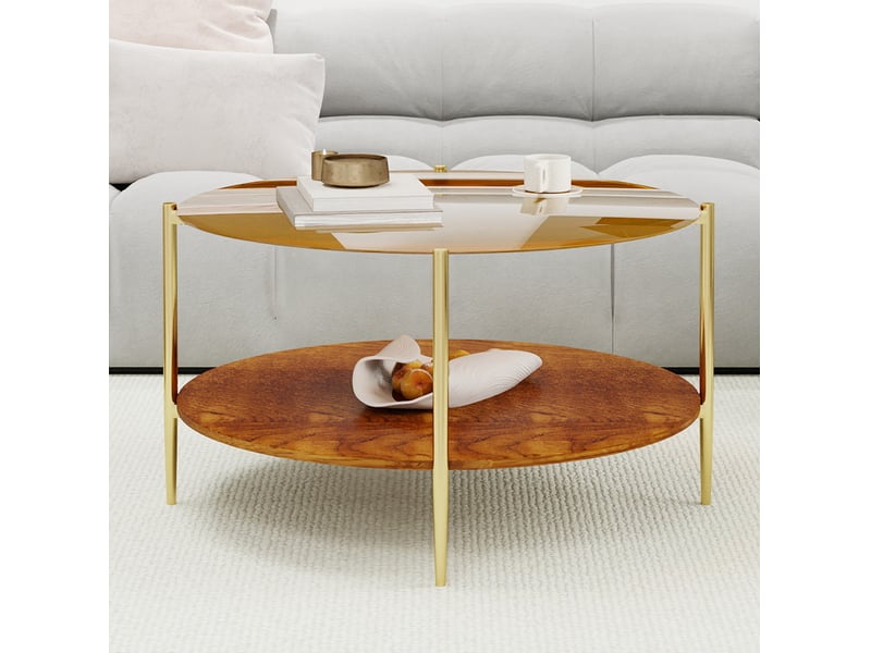  Table basse ronde 82 cm à plateau en verre trempé doré et rangement ouvert  - Conforama D