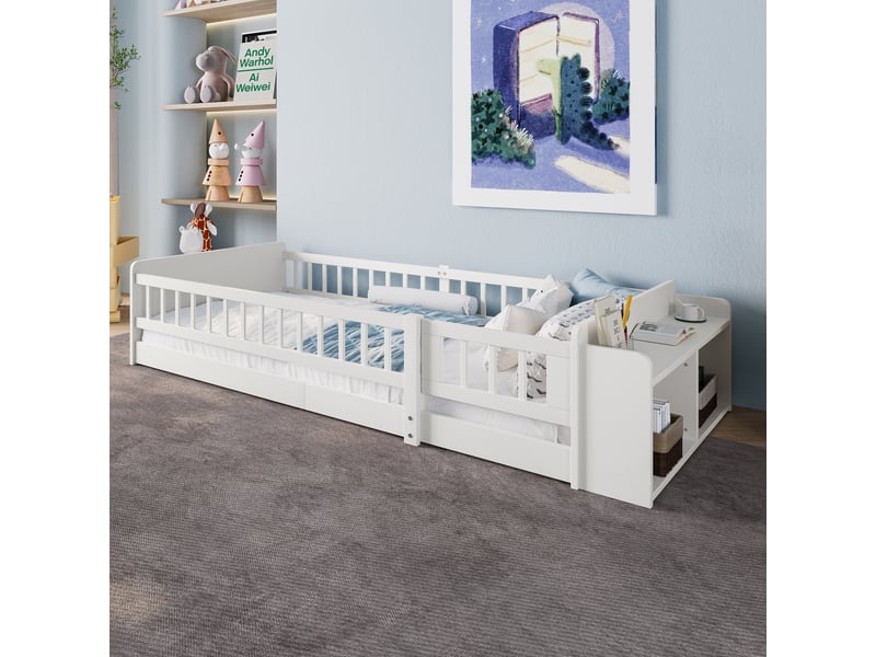  Lit enfant en bois 90 x 200cm sans matelas, pin, rangement ouvert, porte à ouvrir, blanc  - Conforama E