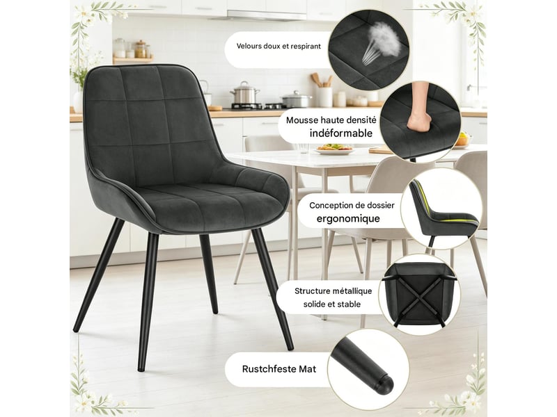  Lot de 4 chaises de salle à manger en velours gris foncé T5828P518680 - Conforama D