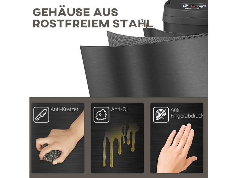  Poubelle à capteur 42 l 30,5 x 30,5 x 68 cm – noire – couvercle soft-close sans contact en acier inoxydable  - Conforama E
