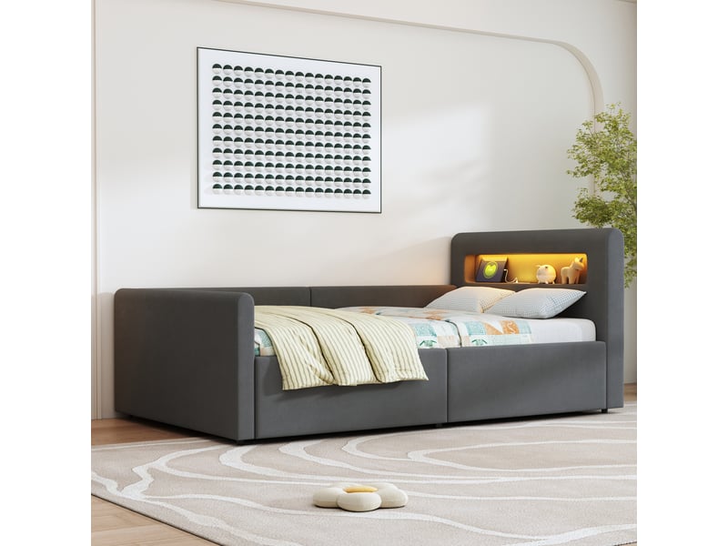  Lit rembourré en velours gris 90 x 200 cm  - Conforama D