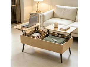 Table basse relevable avec 2 compartiments dissimulés et poignées encastrées, en métal et panneau de particules, noir