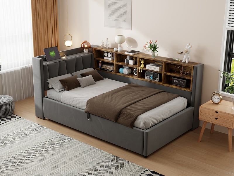  Lit banquette 90 × 200 cm, coffre relevable, niches de rangement, liseuse et usb-c, revêtement en velours, gris foncé  - Conforama B