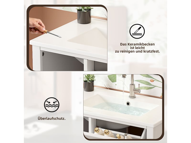 Meuble vasque blanc laqué mdf et céramique 76,5×47×83,5 cm, 4 tiroirs coulissants, 1 abattant et poignées noires - Conforama D