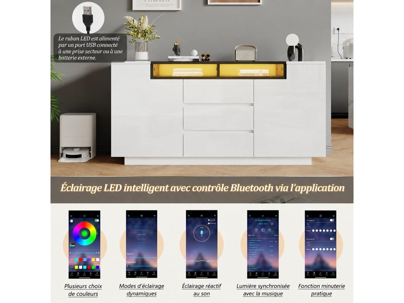  Buffet 140 cm brillant 2 portes 3 tiroirs, meuble de rangement avec led, buffet de salon blanc et noir  - Conforama B