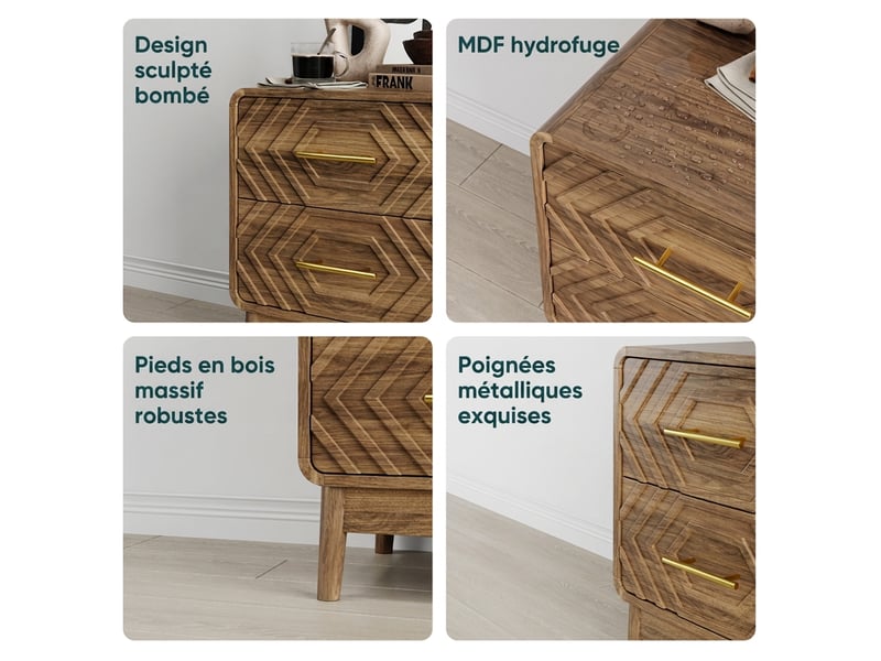  Table de chevet noyer avec 2 tiroirs et motif géométrique 3d, bords arrondis, 48x38x56 cm  - Conforama D