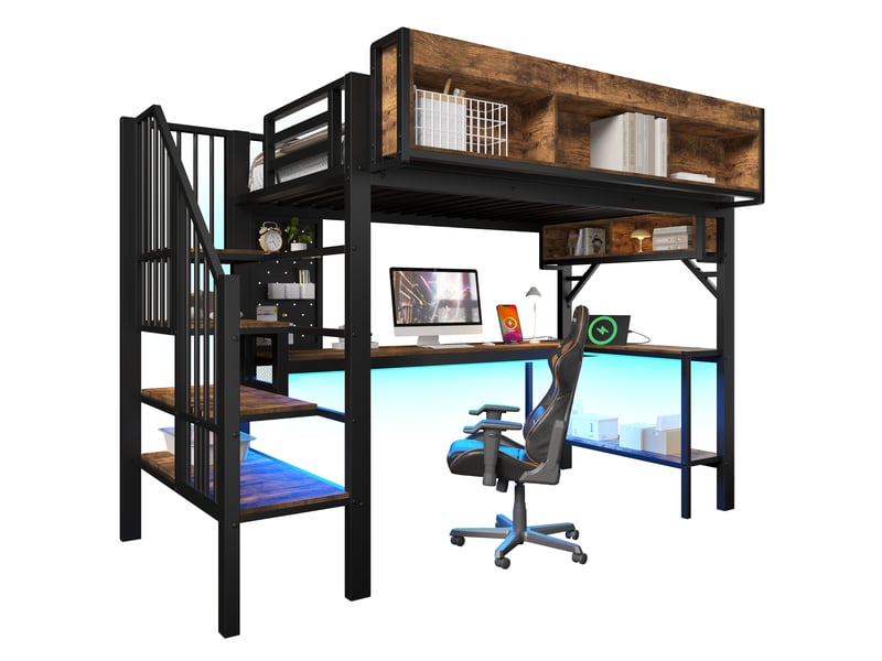  Lit mezzanine enfant 90x200 cm brunnoir avec bureau d’angle, escalier rangement, led et usb-c Fay Lum - Conforama A