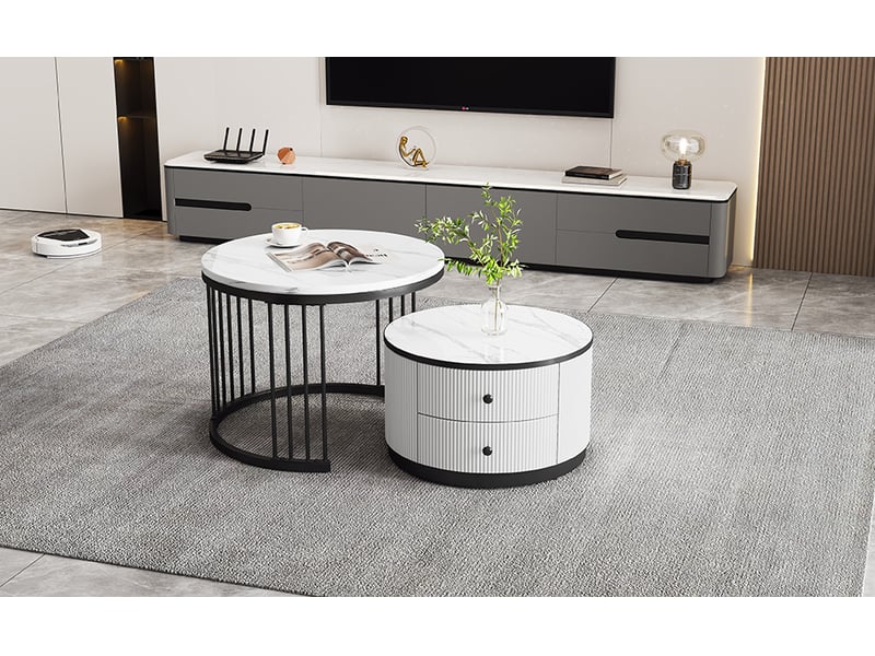 Tables basses gigognes - tables rondes gigognes avec 2 tiroirs, effet marbre, mdf, blanc et noir, 60×60×45,5 &amp; 50×50×32 cm  - Conforama B