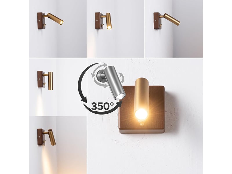  Applique murale led pour lecture 3 w 2800 k avec base carrée en bois de noyer et spot orientable doré  - Conforama E