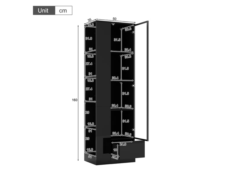  Vitrine noire 50x35x160 cm avec porte en verre, éclairage led, finition brillante, tiroir et étagères ouvertes, meuble rangement salon salle à manger  - Conforama E