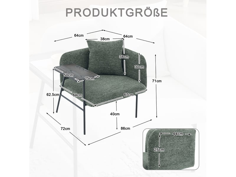  Fauteuil de loisirs émeraude en chenille avec table d'appoint et deux poches de rangement  - Conforama E