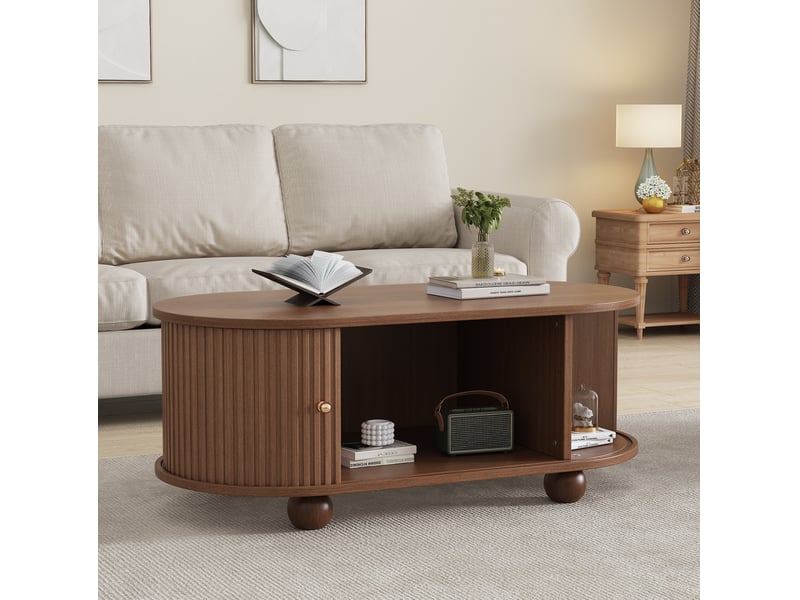  Table basse ovale 100 x 50 x 40 cm rangement portes coulissantes 360° gain de place cap. 30 kg mdf finition noyer  - Conforama R