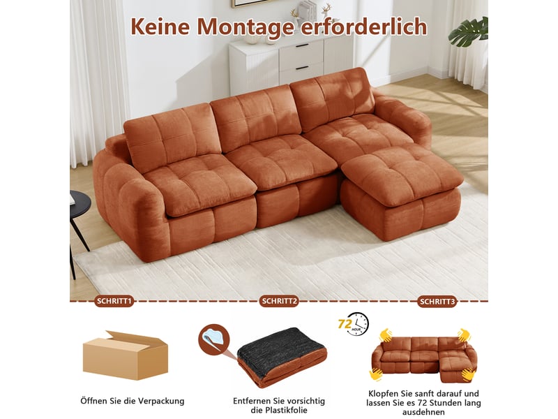  Canapé d'angle modulaire 3 places avec ottomane sans cadre - lpospi - chenille orange 264 × 160 × 68 cm  - Conforama E