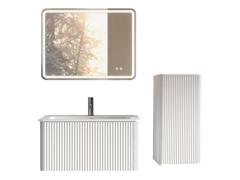  Ensemble meubles salle de bain suspendus avec miroir led antibuée - lpospi - rangement vertical et vasque, verre, mdf, contreplaqué, blanc  - Conforama E