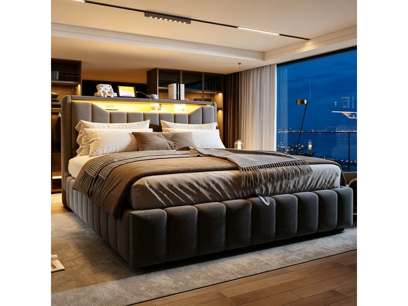 Lit coffre rembourré à vérin hydraulique 180×200 cm avec tête de lit de rangement, bande lumineuse led et ports de charge usb, revêtement en lin, adapté aux chambres et appartements, gris - Conforama E