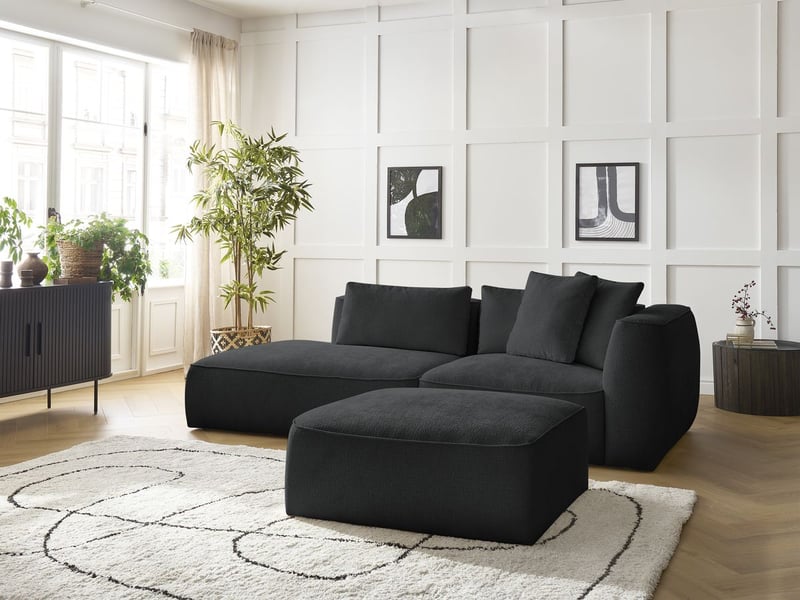  Bobochic canapé droit fixe 3 places leopold tissu texturé avec pouf noir  accoudoir droit LEOPOLD - Conforama D
