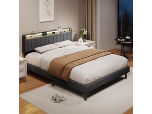 Lit 160x200cm - lit double 160x200cm - lit rembourré en tissu avec tête de lit à étagère, led, usb et prise de charge - gris