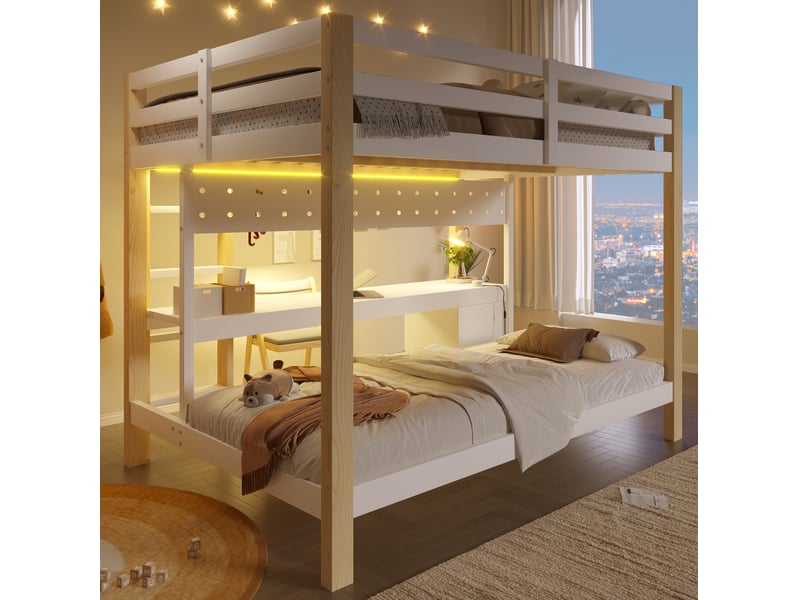 Lit superposé enfant 140x200 et 90x200 cm avec bureau, tiroirs et led - Conforama E
