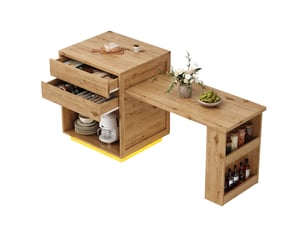 Îlot de cuisine extensible 122-194.5cm avec 4 tiroirs avant et arrière, grand rangement, plan de travail multifonction et led pilotable par application, naturel