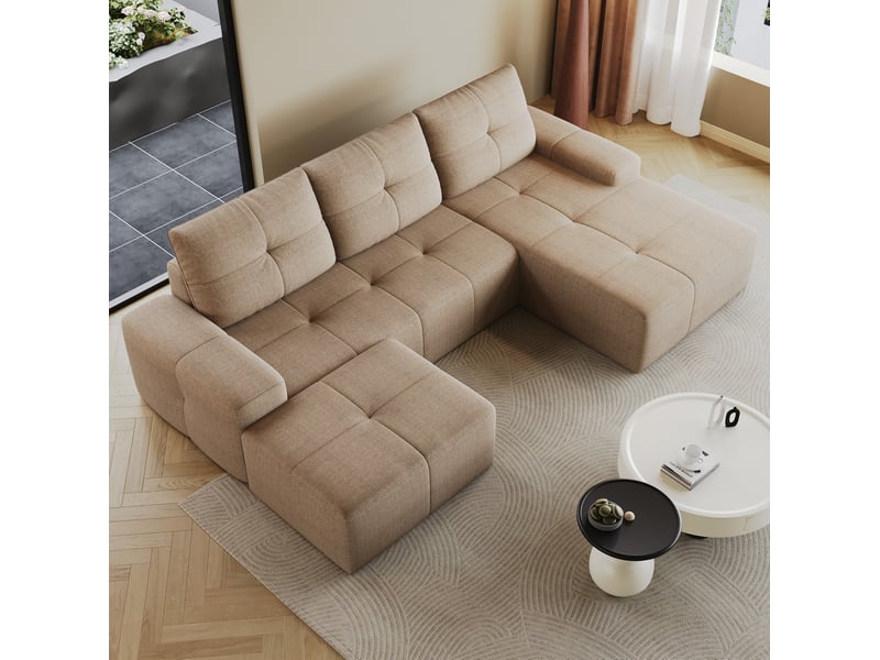 Canapé d’angle 4 places avec ottomane en tissu kaki, 262x172x82 cm - Conforama R