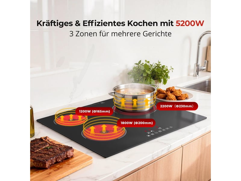  Plaque de cuisson vitrocéramique 3 foyers, 60 cm, 5200 w, commande tactile, 9 niveaux, minuteur et sécurité enfant  - Conforama B