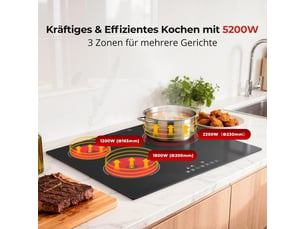 Plaque de cuisson vitrocéramique 3 foyers, 60 cm, 5200 w, commande tactile, 9 niveaux, minuteur et sécurité enfant