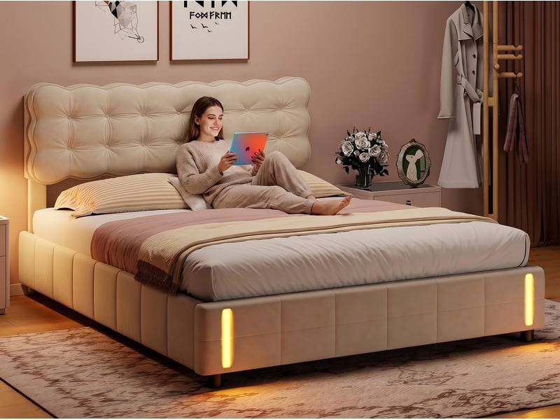  Lit coffre 140x190cm - lit 2 places - avec led - velours - beige, sommier à lattes (matelas non inclus)  - Conforama E