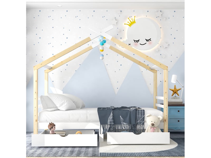  Modenvie lit cabane enfant 90x200 cm - avec tiroirs de rangement et sommier inclus, sans matelas - blanc et bois  - Conforama D