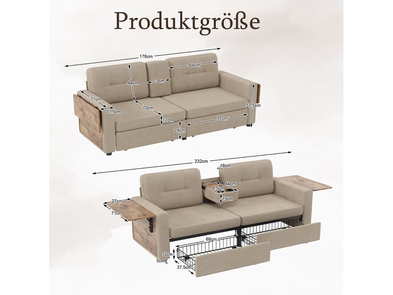  Canapé 2 places chenille avec tiroirs et tablettes réglables 178x71x57.5 cm kaki  - Conforama C