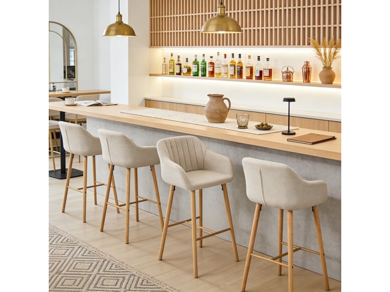  Lot de 2 chaises de bar, siège 75 cm de haut, avec accoudoirs et repose-pieds, pieds en bois massif, beige  - Conforama R