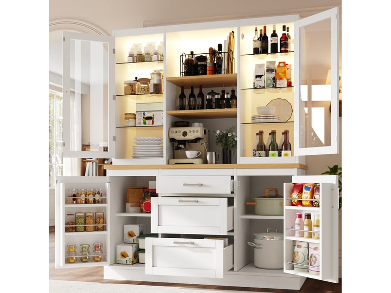  Buffet de cuisine 140x40x185 cm, led rgb pilotage app, 3 tiroirs, portes vitrées, étagères réglables, mdf métal, blanc  - Conforama B