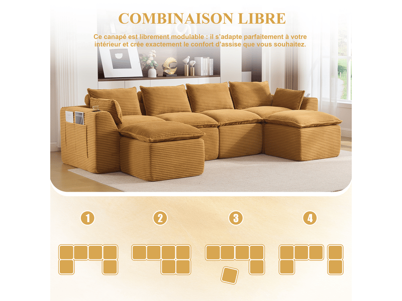  Canapé modulable 4 places en velours côtelé orange 322x161x75 cm avec 2 poufs, coussins, poches et porte-gobelet salon W3056S00075 - Conforama R
