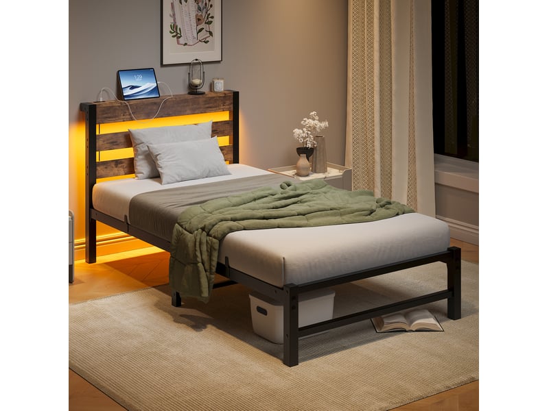  Lit simple métallique 90 x 200 cm, éclairage led et station de charge usb, décor en bois, noir et marron, sans matelas  - Conforama D