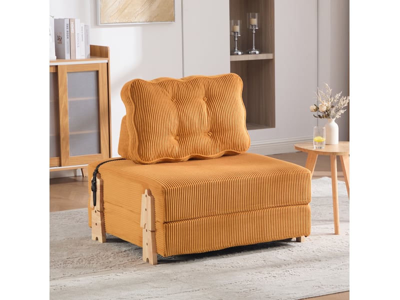 Fauteuil convertible en lit avec dossier rembourré pour petits espaces, en velours côtelé orange - Conforama B