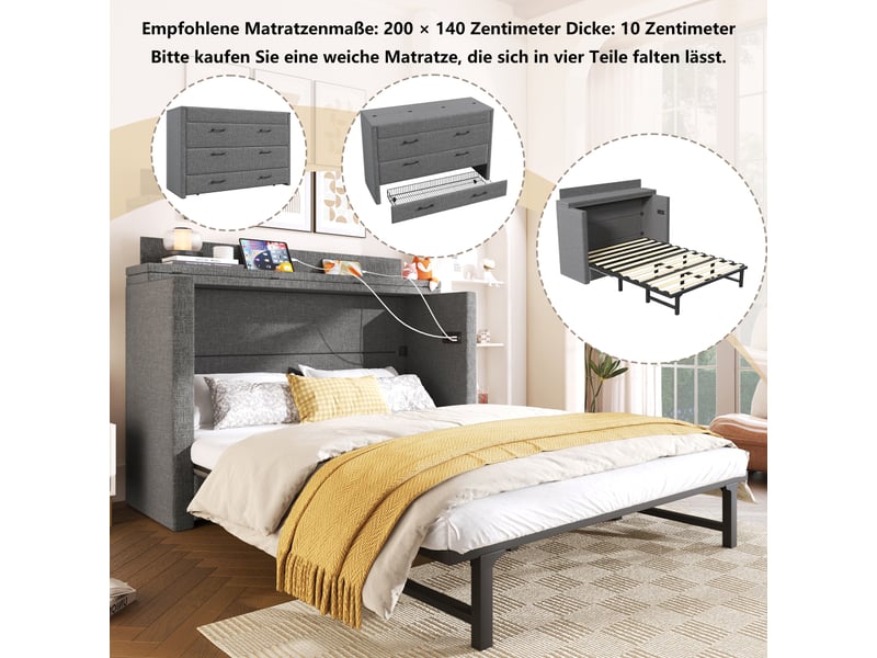 Lit escamotable 140 x 200 cm avec un tiroir, lit mobile avec compartiment de rangement, ports usb et type-c, lit plateforme convertible, sans matelas, lin, gris  - Conforama E