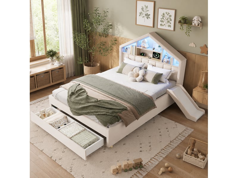  Lit cabane enfant 140 x 200 cm beige avec toboggan réversible, éclairage led, port de charge et grand coffre de rangement  - Conforama C