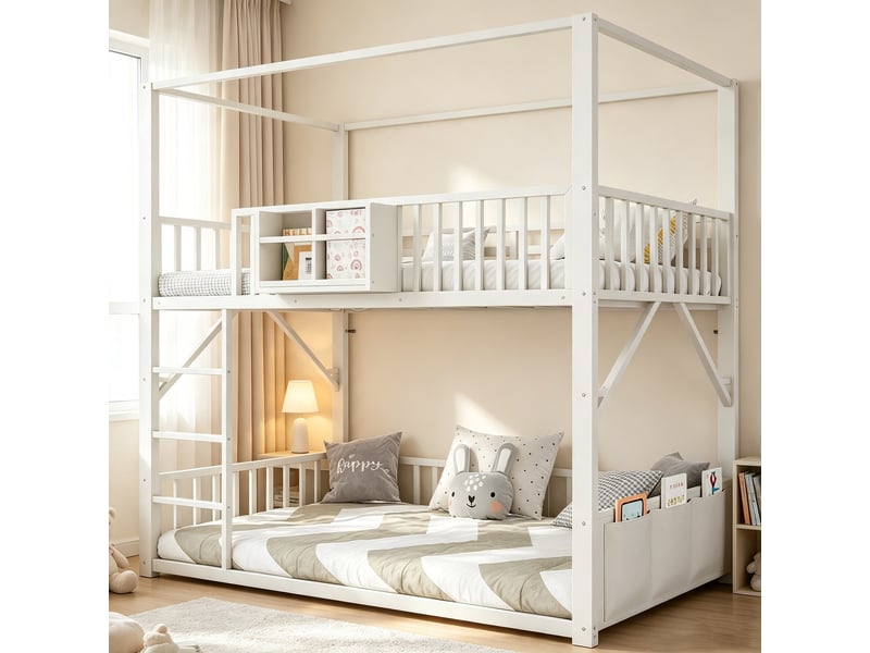 Lit superposé métal 90x200 cm pour enfant et ado, structure simple gain de place avec toit, lit superposé moderne blanc - Conforama E