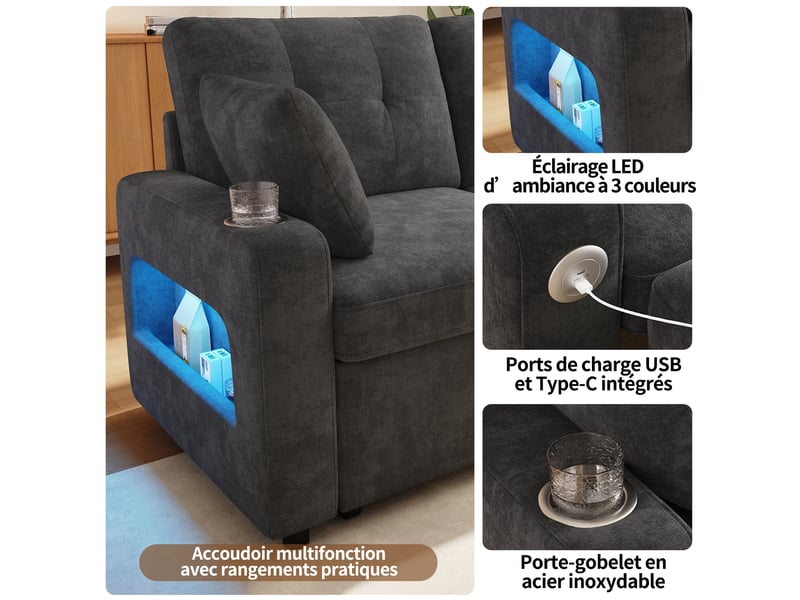 Canapé droit convertible 2 places 141,5x131x83,5 cm en chenille avec led, usb type-c, porte-gobelets et rangement - gris - Conforama E