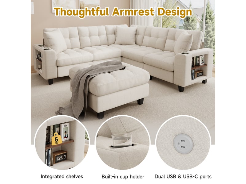 Canapé d'angle 216.5x216.5x83 modulable en forme de u avec pouf amovible accoudoirs et bibliothèque canapé 6 places porte-gobelet et ports usb-c chenille beige BUYDEEMEUS - Conforama E