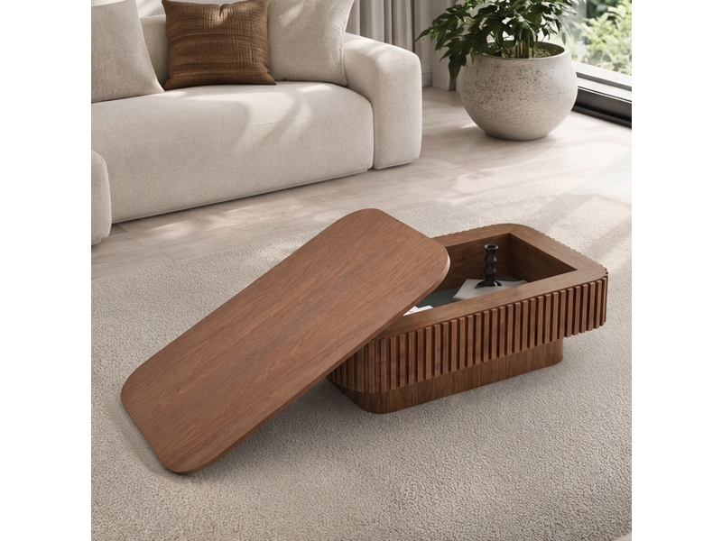  Table basse rectangulaire en mdf plaqué bois, rangement caché et finition bois foncé pour le salon moderne  - Conforama B