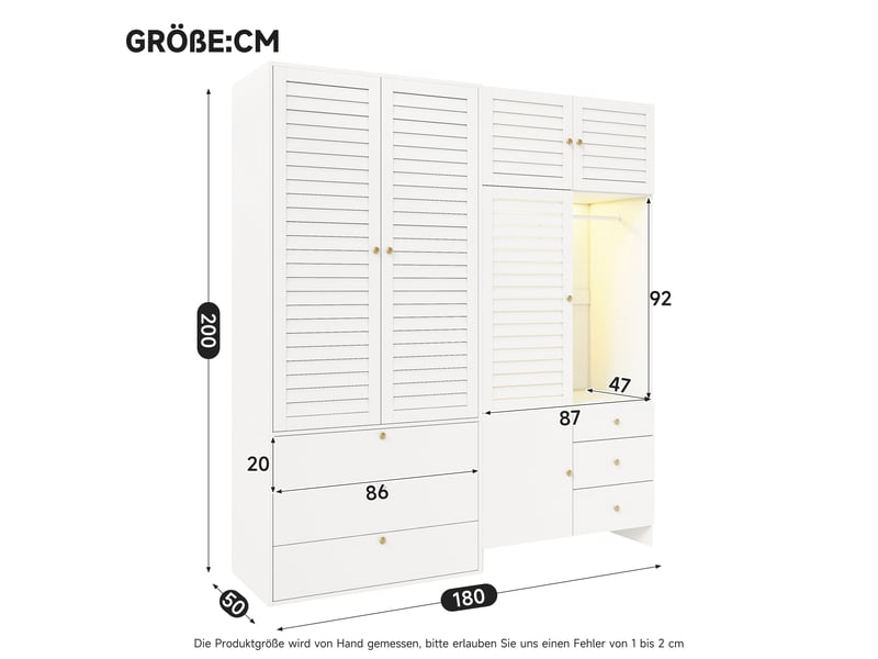 Armoire dressing 180 x 50 x 200 cm, panier à linge, éclairage led, 2 tringles, 6 tiroirs, blanc ABC - Conforama C