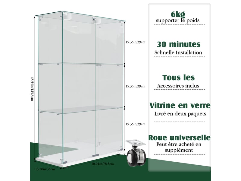 Vitrine en verre 3 niveaux double porte - blanc - 78,5 x 35 x 123,5 cm - armoire d'exposition avec éclairage led et base blanche - Conforama B