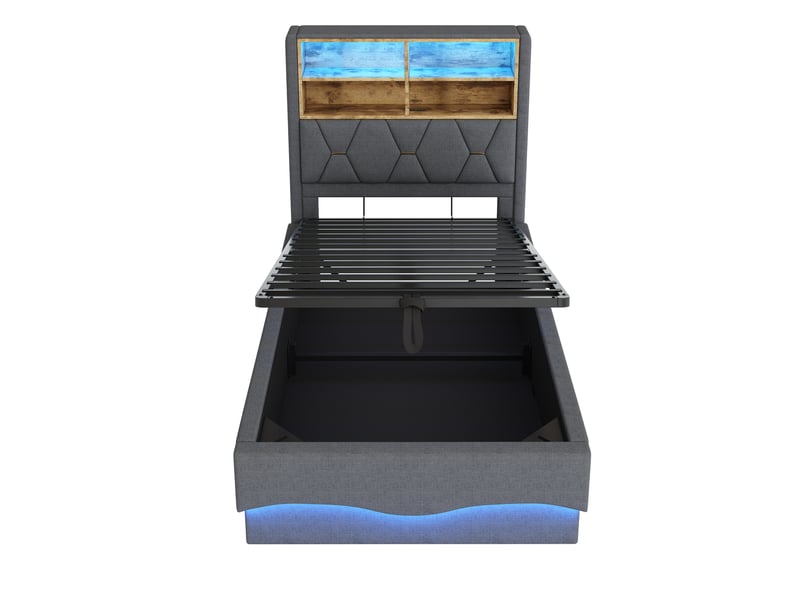  Lit coffre enfant 90x200 cm, lit simple avec rangement hydraulique, éclairage led et usb, matelas non précisé, gris  - Conforama E