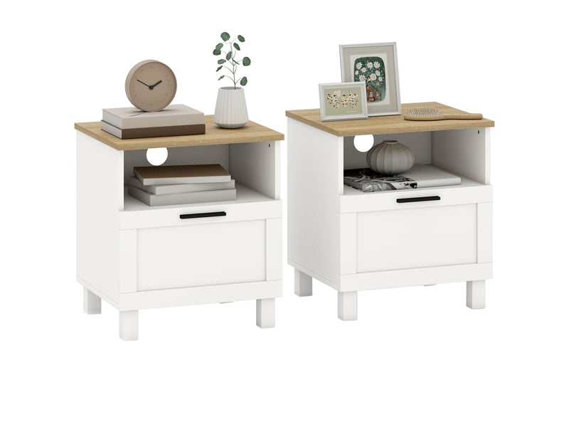  Ensemble de 2 tables de chevet avec tiroir, compartiment ouvert, pieds en bois, 45 x 38 x 50 cm, blanches  - Conforama A