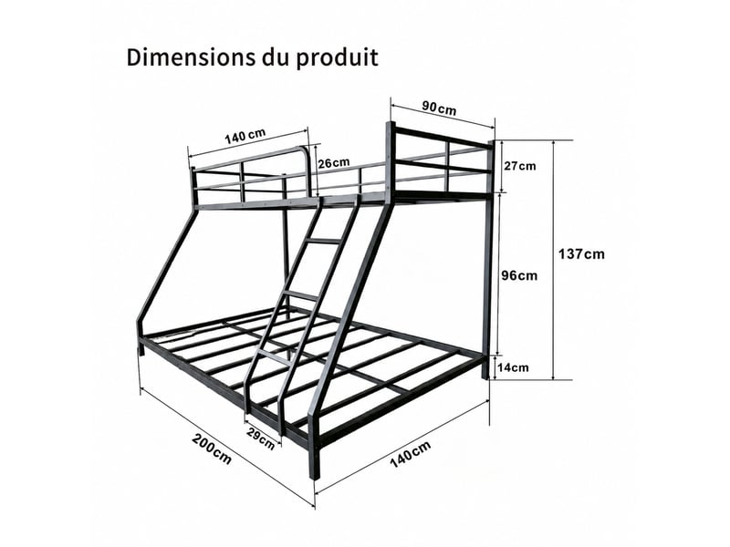 Lit superposé en métal, lit à deux couchages avec échelle antidérapante et barrière, 190x80 et 190x130 cm, sans matelas  - Conforama D