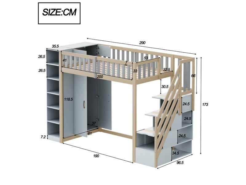  Lit mezzanine enfant 200×90 cm avec armoire, étagères et tiroirs dans l’échelle, gris et bois naturel  - Conforama D