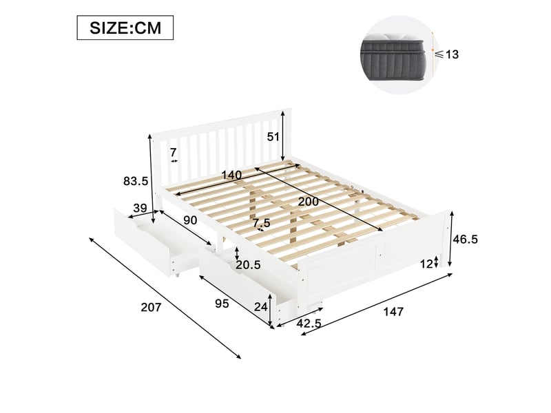  Lit double 140x200 cm avec 2 tiroirs de rangement, pin et mdf, blanc classique  - Conforama C