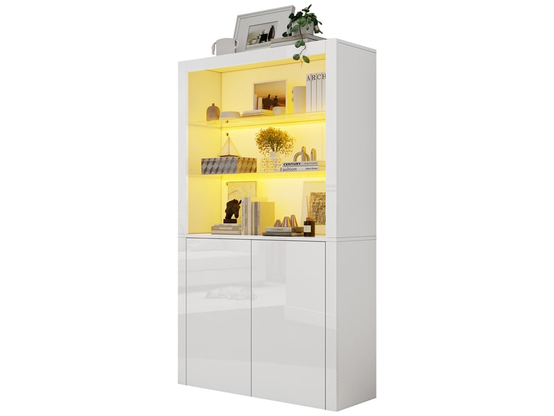  Vitrine led blanche laquée 100x35x170 cm meuble rangement salon verre trempé mdf moderne  - Conforama A