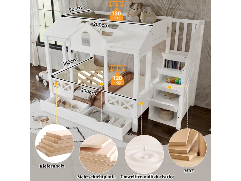  Lit superposé blanc 90x200140x200cm, pinmdfcontreplaqué, 2 tiroirs à roulettes, escalier à 4 rangements et toit  - Conforama D